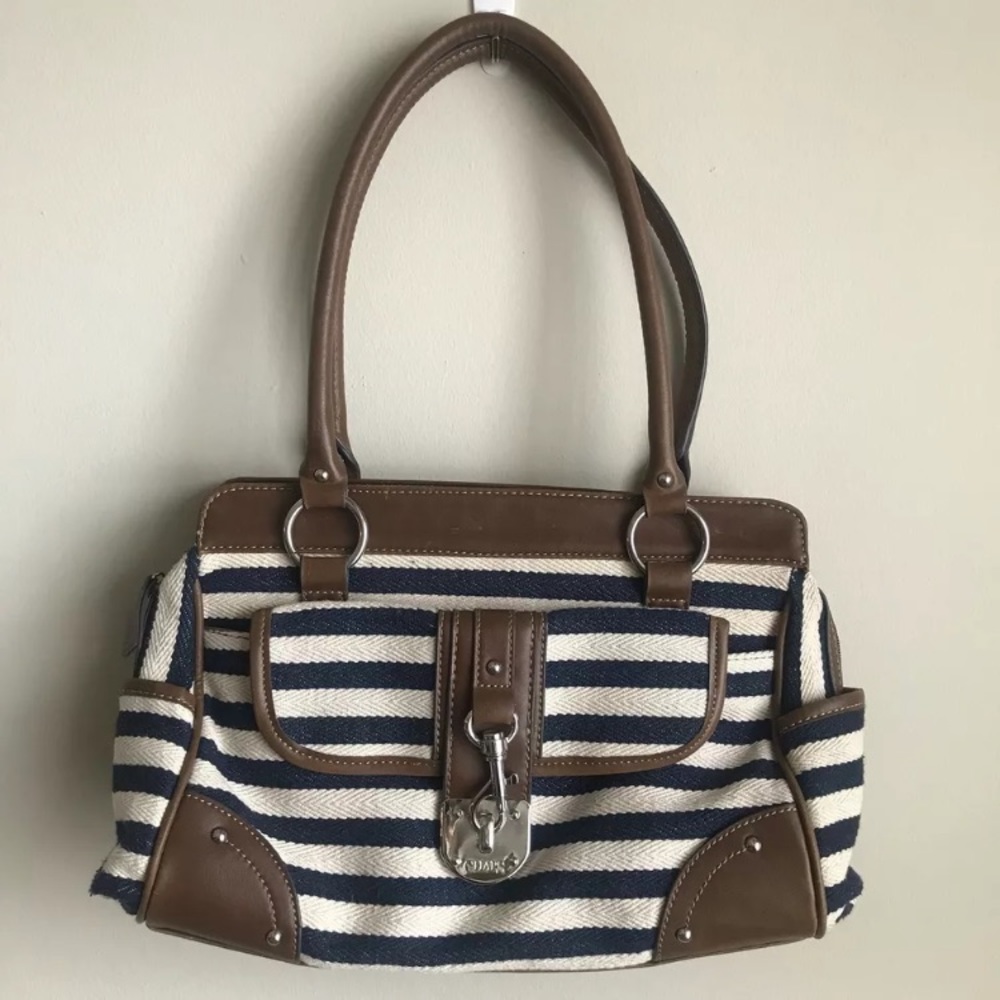Chaps Blue Striped Tote Handbag Multiple Pockets
